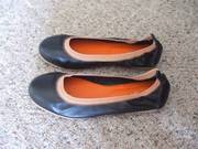 Women's Black Ballet Leather Shoes Flats with orange lining